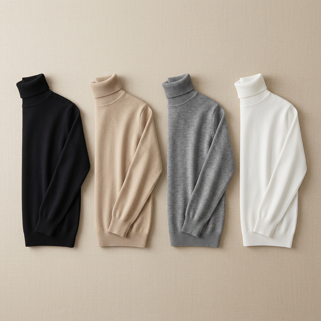Illustration de pulls à col roulé KnitTee en noir, beige, gris et blanc